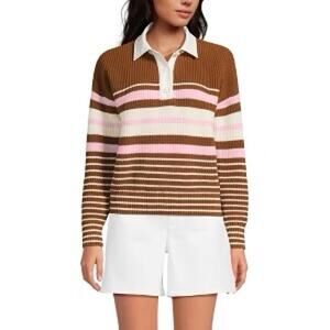 Lands’ End Drifter Rugby Sweater Rich Ginger Multi Stripe Collared NWT Small
